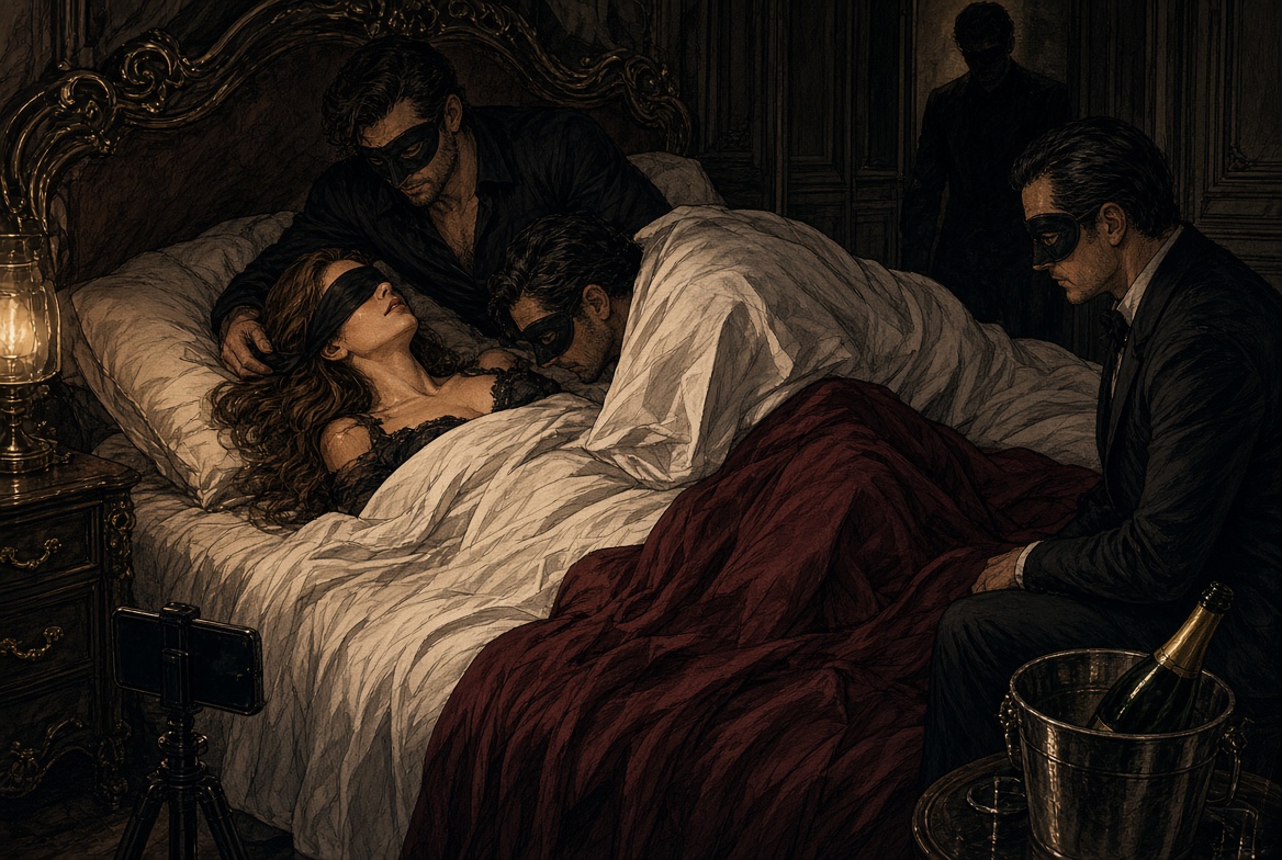 Illustration : dans la chambre de la suite, elle est allongée, les yeux bandés, entourée d'hommes masqués.